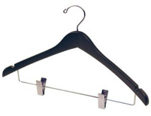 17" Wooden Coat Hanger - Black with Chrome Clips